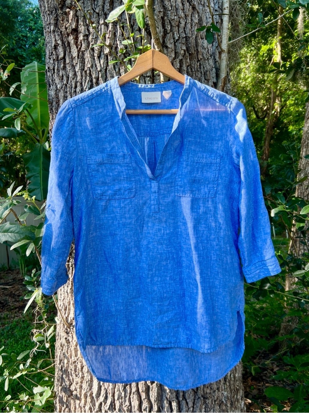 NWOT Chico's High-Low 100% Linen Popover Blouse Sky Blue 3/4 Sleeve Vibrant!